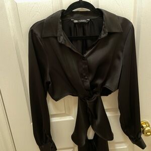Zara Black Satin Button-Down Shirt